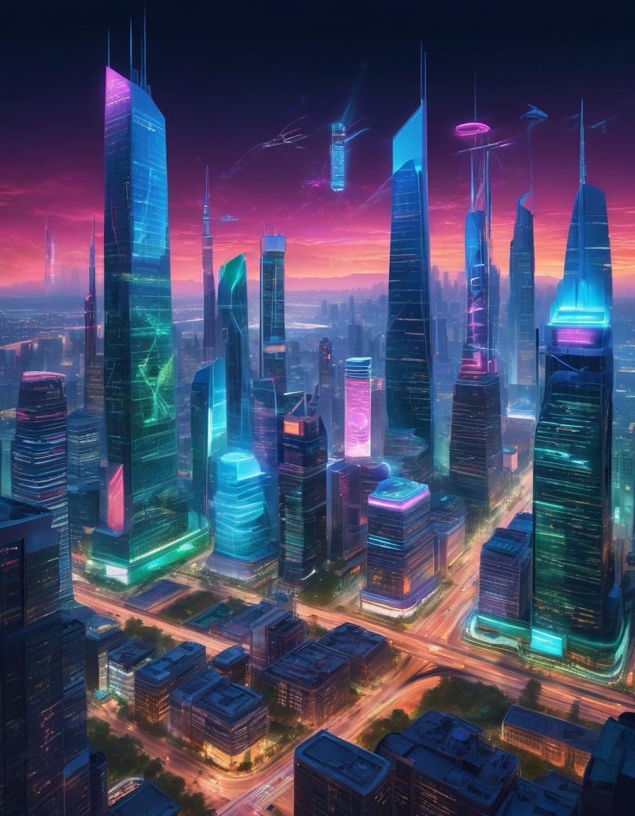 A vibrant digital landscape showcasing a thriving cityscape with skyscrapers made of technology, glowing with neon lights. Include elements like diverse individuals engaged in innovative activities, holographic interfaces, and green spaces that represent growth. The skyline should reflect a blend of nature and technology with flying drones and digital billboards. Focus on themes of transformation and flourishing in a digital era. cyberpunk. vibrant colors. super-realistic.