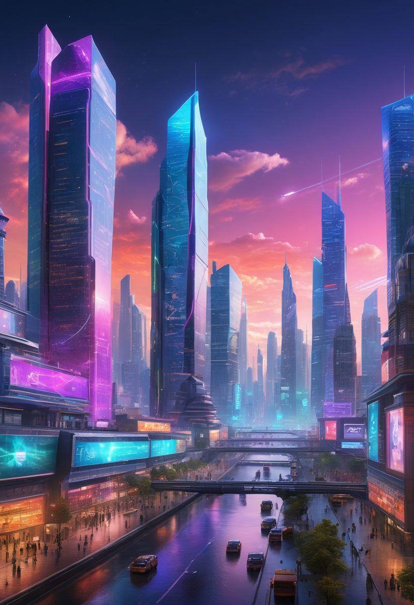 A futuristic cityscape representing the MU8 ecosystem, with advanced technology like holograms and interactive displays, surrounded by a diverse community of innovators collaborating. Include visual elements symbolizing next-gen applications like virtual reality and AI. The sky should be vibrant and dynamic, showcasing a blend of innovation and community engagement. cyberpunk. vibrant colors. super-realistic.