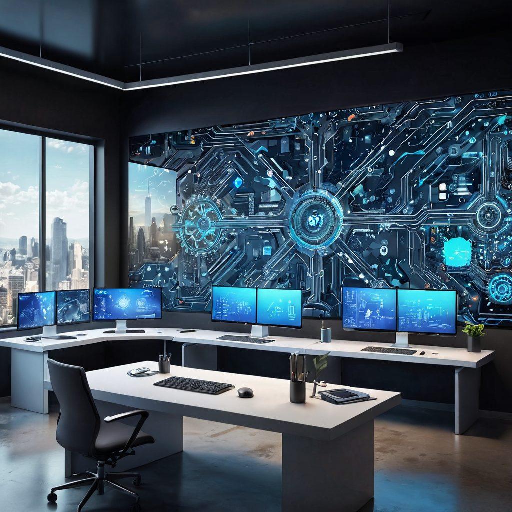 A sleek, futuristic workspace showcasing a digital screen with MU8 interface, surrounded by abstract representations of technology and innovation like circuits and gears. Include a diverse group of professionals engaged in a brainstorming session, highlighting collaboration and creativity. The background should feature a vibrant cityscape, symbolizing the modern digital landscape. super-realistic. vibrant colors. 3D.